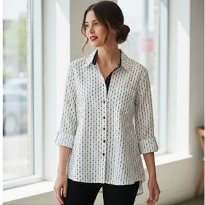 Chico's White and Black Patterned Button-Front No Iron Shirt
